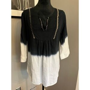 Floreat Split neck 3/4 sleeve‎ Dip dyed tunic peasant top black and white sz 2
